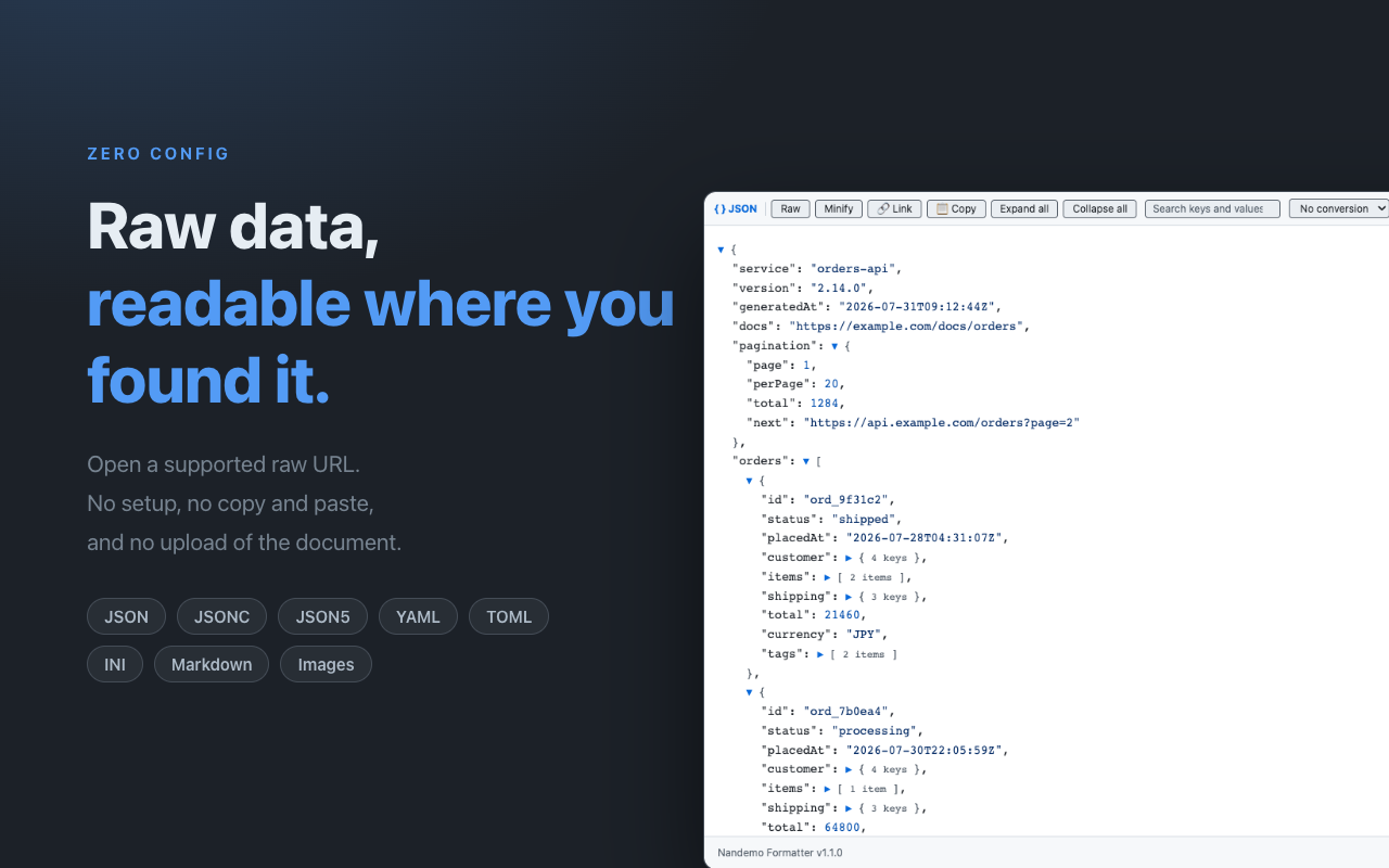 Nandemo Formatter displaying an orders API response as an expandable JSON tree in Chrome